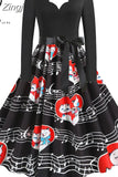 Women Winter Christmas Dress Vintage Santa Printed V-Neck Long Sleeve Swing Sexy Xmas Party Festival Dress
