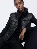 Women Black Pu Puffy Vest American Streetwear Winter Thick Parkas Jacket Fashion Outwear Faux Leather Down Waistcoat