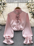 Women High Quality Blouse 2023 Half High Collar Long Sleeves Loose Tops Fashion Korean Style Elegant 3D Floral
