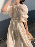 Summer Elegant Puffer Sleeve Party Midi Dress Lady Casual Pleated Black Vestidos Femme Fashion Outerwear Clothes