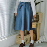 Women Skirt High Waist Pleated Knee Length Skirt Vintage A Line Big Bow