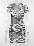 Zebra Print Women Shirts Mini Dress Short Sleeve Hollow Out Party Bodycon Sexy Casual Black Korean Fashion Dress