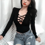 Bandage Sexy V-neck Hollow Out Slim Long Sleeve Short Solid Color T-shirt Bottom Tops Spring Women