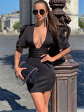 Sexy Puff Crystal Diamond Sleeve Bodycon Dress Women Elegant Backless Mini Dress High Street Black Deep V-neck