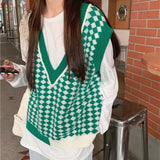 Color Knitted Vest For Women In 2024 Spring And Autumn New Korean Version Of The Chessboard Is Loose And Fashionable To Wear Sweater