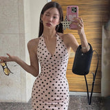 Summer Women's New Hottie Sexy Black Wave Dot Print Spread Out Back V Collar Hanging Neck Tight