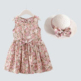 Girls Dress +Hat Cotton Comfortable Children's Dress 2021 Summer Dress Floral Girls' Sleeveless Dress For