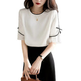 Folded Spliced Bow Round Collar Shirt Women's New Summer Yang Ramming Edge Professional Tops