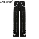 Emo Punk Lace Up Baggy Jeans Women 90S Goth Black Pants Streetwear Pockets Patchwork Wide Leg Cargo Jeans Low Waist
