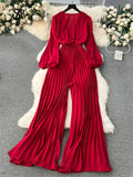 V Neck Jumpsuits for Women Long Puff Sleeve Belt Design Loose Wide Legs Pleated Pants Streetwear Fashion OL