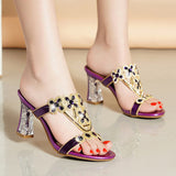 New High-Heeled Sandals Are Sexy And Fashionable In Gold In Summer, Wearing Thick Heels And Diamond-Encrusted Slippers In Middle