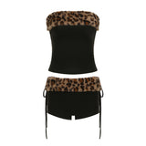 Of Sexy Folded Short Bra Vest Drawstring Low-Rise Shorts Leopard Hair Spliced Two