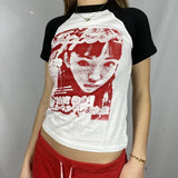 Gothic Print T-shirt Women Long Sleeve Slim Fit Crop Top Y2K Aesthetic Spring Autumn Sweats Tees Top Harajuku