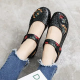 Spring Fashion Flower Design Round Toe Soft Bottom Flat Shoes Vintage Genuine Leather Women Flats Girl Loafer Large