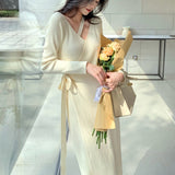Women Knitted Belt Wrap Dress Elegant Midi Sexy V-Neck Dress Knitwear Ladies