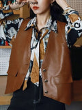 V-neck Leather Vest Women Korean Fashion Cropped Streetwear Vest Leather Vintage Casual Sleeveless Leather Outwear 2023