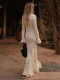Flared Long Sleeve Round Neck Maxi Dress Women Back Lace Up Fishtail Slim Dresses Summer Fashion Lady Casual