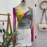 Explosion Tie-Dye-Print Long Sleeve Bottom Sexy Hottie V-Neck T-Shirt Folded Slimming Mesh Yarn Top