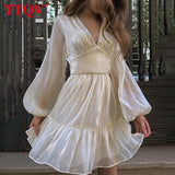 Fashion Clear Puff Sleeve Women's Dresses Elegant V-neck Pleated Green Dress Autumn High Waist Mini Dress Female