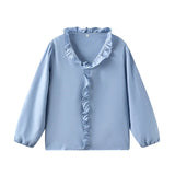 Spring And Summer New Solid Color Long-Sleeved Lotus Leaf-Side Shirt Women's