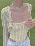 Women Two Pieces Set Casual Sexy Floral Jacquard Long Sleeve Irregular Corset Korean Fashion Cami Streetwear 2022