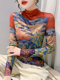 Women's Fashion Printing Long Sleeve Half High Neck Mesh T-shirts Female Positioning Flower T Shirt