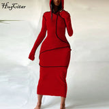 Long Sleeve Hooded Patchwork Skinny Maxi Dress Autumn Winter Women Fashion Streetwear Casual