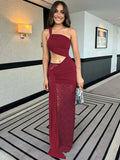 Sheer Draped One Shoulder Cut Out Maxi Dress- Outfit