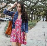 Queens Women Red Floral Peacock Print V-neck Casual Bohemian Mini Dress Ladies Short Sleeve Boho Dresses