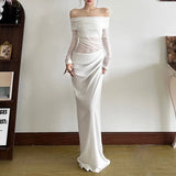2025 New Women's Temperament Sexy Shoulder Mesh Perspective Long Dress Dress