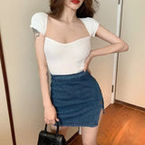Women V-neck Knitted Short Sleeve Draw String T-shirts Crop Tops Girls Knitting Stretchy Cropped Sheath Tee Shirts For