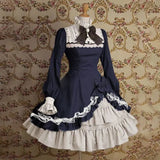 Japanese Style Women Gothic Cosplay Dresses High Waist Contrast-Color Ruffled Sweet Lolita Dress Kawaii