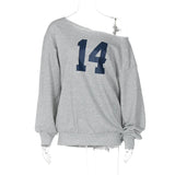 Number Printed One Shoulder Loose Sweatshirt- Outfit