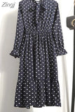 Floral Print Women Dress Female Autumn Long Sleeve Vintage Chiffon Bow Tie Neck Office Lady Shirt Dress Summer