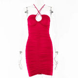 Halter Backless Ruched Mini Dress Women's Summer Sleeveless Bodycon Dresses Women Beach Party Clubwear Dress