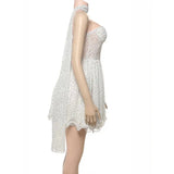 White Polka Dot Strapless Frill Mini Dress With Drape Scarf- Outfit