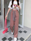 Streetwear Women Black and Pink Plaid Pants Harajuku Loose Pockets Wide Leg Pants Retro Lace Up Student Straight