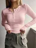 Solid Color Breasted V Neck Slim Long Sleeve Knit- Outfit