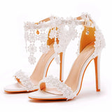 Sandals White Buckle Shoes Fine Heel Roman Sandals White Lace Heel