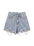 Ripped Jeans Shorts Women Belt Chain High Waist Denim Shorts Female Summer Chic Streetwear Stylish Sexy Hot Shorts