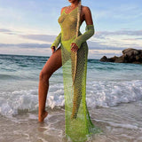 Summer New Fashion Halter Neck Fishnet See Through Beach Long Dress Sexy Women High Split Mesh Cover-ups Green White