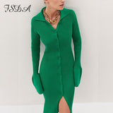 Autumn Winter Bodycon Dress Sweater Knitted Green 2021 Women Sexy Midi Split V Neck Long Sleeve Casual Dresses