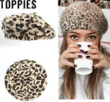 Winter Chic Women Fuzzy Rabbit Hair Leopard Berets Warm Cozy Animal Printed Rabbit Hair Knitted
