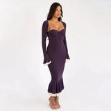 Solid Long Flared Two-piece Crop Sleeve Midi Dress- Outfit