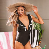 New Sexy Ruffle Black White One Piece Swimsuit Off The Shoulder Swimwear Women Solid Deep-V Beachwear Bathing Suit