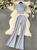 2024 Y2k Women Sets Short Skinny Crop Tops+Long Flare Pants Simple Style Fashion Streetwear Casual Two Pieces