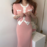 Korean Elegant Knitted 2 Pieces Sets Hit Color Single Breasted Short Sleeve O-neck Tops + High Waist Long
