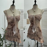 Real Shooting 2025 Spring And Summer New With Chest Cushions Dyed Mesh Sling Sling Vest Irregular Lotus Leaf Side Top