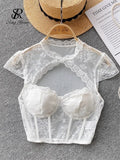 American Sexy Sheer Lace Blouse Women Short Sleeves Hotsweet Chiffon Shirt Fashion Hollow Out Chest Slim Summer