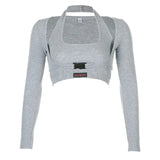Two Pieces Fitness Cropped T-shirt Casual Long Sleeve Cotton Tshirt Women Buckle Up Skinny Crop Top T Shirt